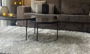 Przytulny salon z sofą w kolorze greige, dwoma stolikami kawowymi i puszystym dywanem.