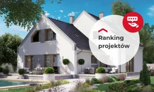 Nowoczesny dom wielopokoleniowy z basenem i zadbanym ogrodem. W tle okrągły element z napisem "Ranking projektów" i ikonką gwiazdek.