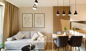 Nowoczesne mieszkanie 40m2 rzut: salon z sofą i sztuką, jadalnia z krzesłami, aneks kuchenny.