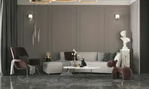 Nowoczesny salon z sofą, fotelem i stolikiem kawowym. Mieszanka stylów: klasyczne panele ścienne, nowoczesne oświetlenie i designerskie meble.