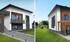 Nowoczesne elewacje z drewnianymi akcentami i szarymi detalami, tworzące elegancki design domu.