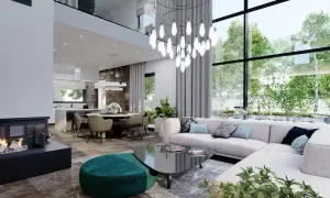Nowoczesny salon z kominkiem i jadalnią, inspirowany stylem homekoncept 60. Duże okna wpuszczają mnóstwo zieleni.