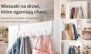 Pomysł na wieszak w przedpokoju: biały, wielohaczykowy wieszak na drzwi, który pomieści kurtki, torby i ręczniki, porządkując przestrzeń.