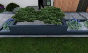 Nowoczesne donice z palisady przed domem, z iglakami i niebieskimi kwiatami, tworzą elegancką aranżację.