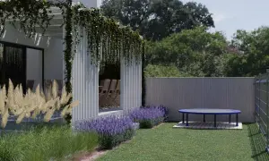 Nowoczesne małe ogrody aranżacje: pergola z pnączami, trawy ozdobne, lawenda i trampolina na trawniku.