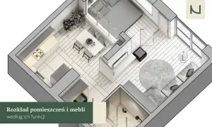 Rozkład mieszkania w bloku z elementami feng shui: kuchnia, jadalnia, salon i sypialnia.