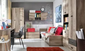 Pokój nastolatka inspiracje: funkcjonalne meble, tablica kredowa na ścianie i wygodna sofa tworzą idealne miejsce do nauki i odpoczynku.