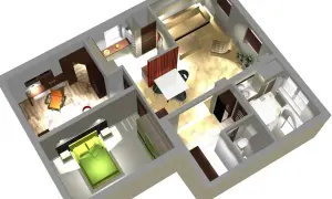 Wizualizacja mieszkania z sypialnią, salonem, kuchnią i łazienką. Dobry design w każdym pomieszczeniu, od biurka po wygodną kanapę.