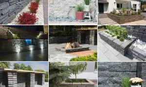 Inspirujący pomysł na murek w ogrodzie: kamienne obrzeża, palenisko, wodospad, pergola i donice.