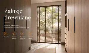 Eleganckie żaluzje drewniane w aranżacji nowoczesnego wnętrza. Naturalne drewno i precyzyjna regulacja światła.