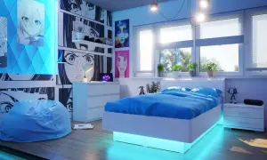 Nowoczesny pokój dla dziewczyny 16 lat z motywami anime, niebieskim łóżkiem i podświetlaną ramą.