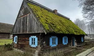 Stylowe domy wiejskie z drewnianymi ścianami i dachami pokrytymi mchem. Jasnoniebieskie okiennice dodają uroku.