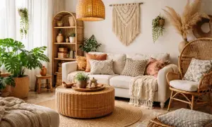 Przytulne wnętrza boho inspiracje: pleciony stolik, sofa z poduszkami, wiklinowe meble i mnóstwo zieleni tworzą relaksującą atmosferę.
