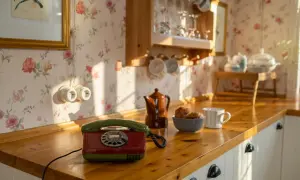 Urocza kuchnia w stylu retro z tapetą w kwiaty, drewnianym blatem i czerwono-zielonym telefonem.