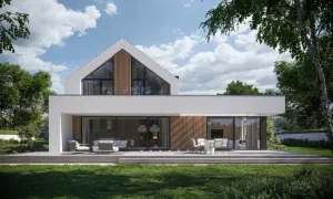 Nowoczesny dom projekt z dużymi przeszkleniami i tarasem. Biała bryła, drewniane akcenty, otoczony zielenią.