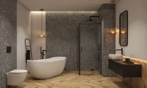 Nowoczesna łazienka 5m2 z wanną i prysznicem. Drewniana podłoga, kamienne płytki i eleganckie oświetlenie tworzą przytulną atmosferę.