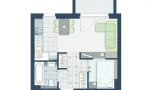 Projekt funkcjonalnego mieszkania 30m2: aneks kuchenny, salon z kanapą, sypialnia, łazienka z wanną i balkon.