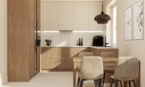 Nowoczesna kuchnia z frontami z drewna, które dodają ciepła. Idealne inspiracje dla miłośników naturalnych materiałów.