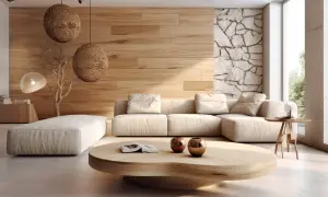 Nowoczesny salon z sofą i stolikiem kawowym. Drewno na ścianie aranżacje tworzy ciepłą atmosferę.
