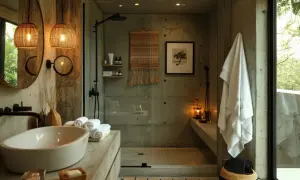Nowoczesna łazienka loft z betonowymi ścianami, owalną umywalką, prysznicem walk-in i wiklinowymi lampami.