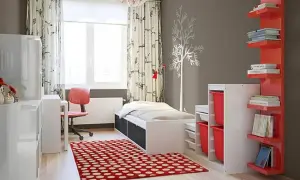 Pokój młodzieżowy dla chłopaka: szare ściany, białe meble, czerwone dodatki. Idealne kolory do pokoju młodzieżowego dla chłopaka, tworzące dynamiczną przestrzeń.