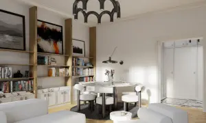 Nowoczesne wnetrza domu: białe sofy, okrągły stół z krzesłami, regały z książkami i sztuką, designerska lampa.