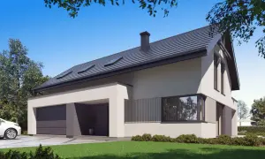 Nowoczesny dom w nefrisach g2 z garażem i białym samochodem na podjeździe.