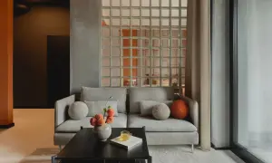 Nowoczesne luksfery aranżacje tworzą subtelny podział w salonie. Szara sofa z ozdobnymi poduszkami i wazonem z kwiatami.