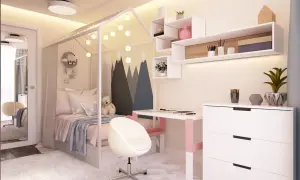 Mały pokój inspiracje: przytulne łóżko z baldachimem, biurko i biała komoda.
