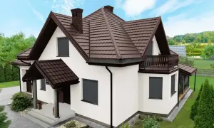 Nowoczesny dom z białą elewacją i brązowym dachem. Antracytowa elewacja domu jest subtelnie podkreślona przez ciemne okiennice i detale architektoniczne.