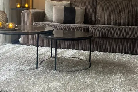 Przytulny salon z sofą w kolorze greige, dwoma stolikami kawowymi i puszystym dywanem.