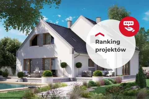 Nowoczesny dom wielopokoleniowy z basenem i zadbanym ogrodem. W tle okrągły element z napisem "Ranking projektów" i ikonką gwiazdek.