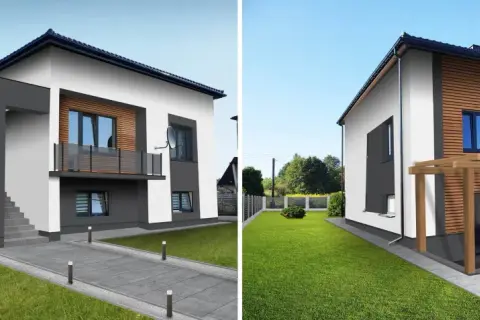 Nowoczesne elewacje z drewnianymi akcentami i szarymi detalami, tworzące elegancki design domu.