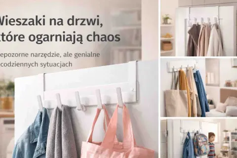 Pomysł na wieszak w przedpokoju: biały, wielohaczykowy wieszak na drzwi, który pomieści kurtki, torby i ręczniki, porządkując przestrzeń.