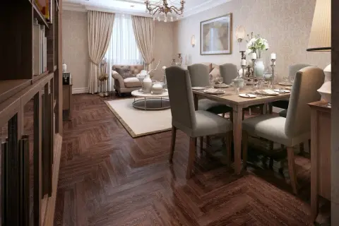 Eleganckie mieszkanie w stylu art deco z jadalnią i salonem. Drewniana podłoga w jodełkę, bogato zdobiony żyrandol i stylowe meble tworzą luksusową atmosferę.