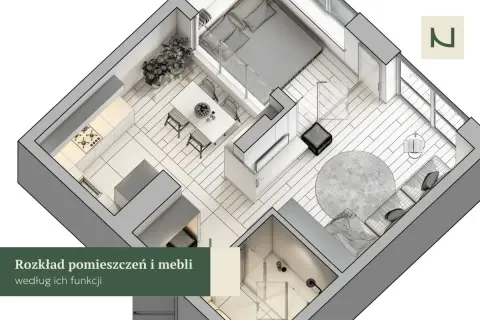 Rozkład mieszkania w bloku z elementami feng shui: kuchnia, jadalnia, salon i sypialnia.