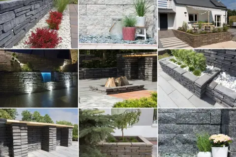 Inspirujący pomysł na murek w ogrodzie: kamienne obrzeża, palenisko, wodospad, pergola i donice.