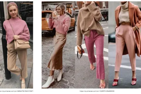 Stylizacje z różowymi swetrami i spodniami w odcieniach beżu i brązu. Eleganckie, kobiece zestawy.