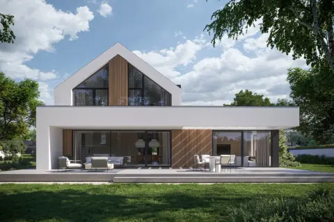 Nowoczesny dom projekt z dużymi przeszkleniami i tarasem. Biała bryła, drewniane akcenty, otoczony zielenią.