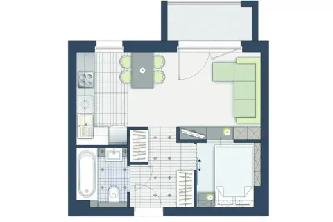 Projekt funkcjonalnego mieszkania 30m2: aneks kuchenny, salon z kanapą, sypialnia, łazienka z wanną i balkon.