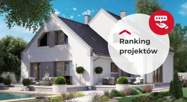 Nowoczesny dom wielopokoleniowy z basenem i zadbanym ogrodem. W tle okrągły element z napisem "Ranking projektów" i ikonką gwiazdek.