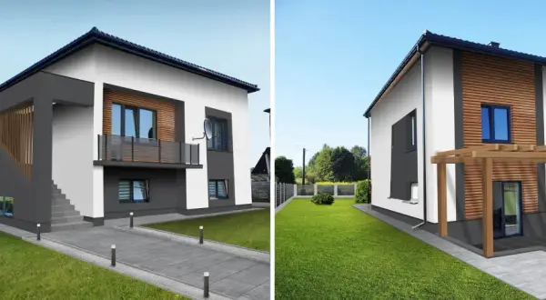Nowoczesne elewacje z drewnianymi akcentami i szarymi detalami, tworzące elegancki design domu.