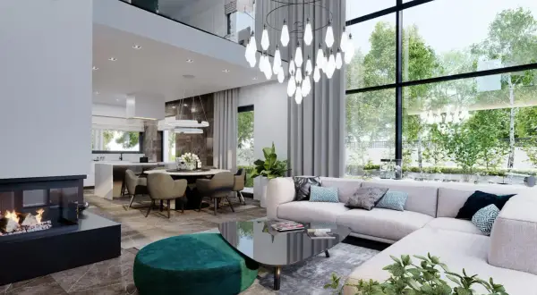 Nowoczesny salon z kominkiem i jadalnią, inspirowany stylem homekoncept 60. Duże okna wpuszczają mnóstwo zieleni.