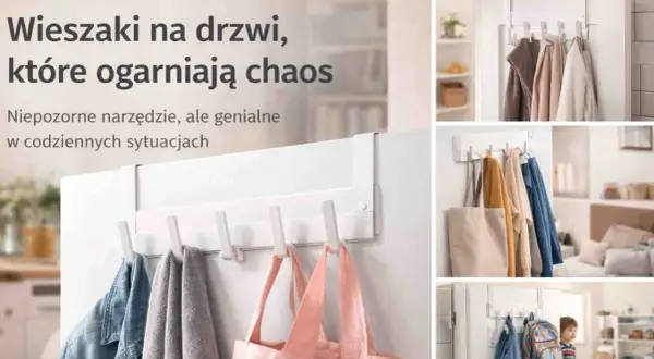 Pomysł na wieszak w przedpokoju: biały, wielohaczykowy wieszak na drzwi, który pomieści kurtki, torby i ręczniki, porządkując przestrzeń.