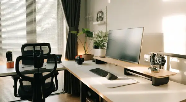 Nowoczesny gabinet w domu z biurkiem, monitorem, klawiaturą, myszką i wygodnym fotelem. Słońce wpada przez okno, tworząc przytulną atmosferę.