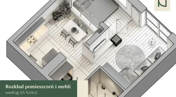 Rozkład mieszkania w bloku z elementami feng shui: kuchnia, jadalnia, salon i sypialnia.
