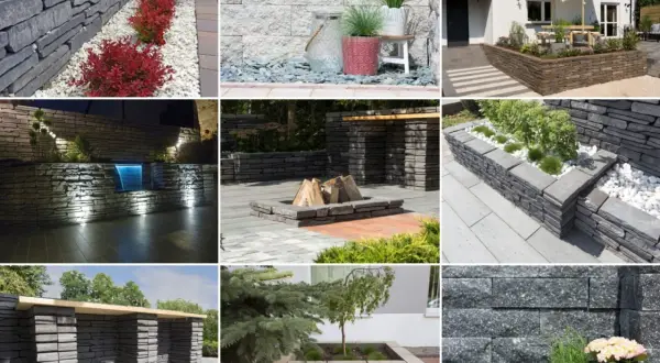 Inspirujący pomysł na murek w ogrodzie: kamienne obrzeża, palenisko, wodospad, pergola i donice.