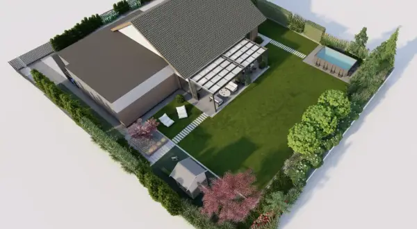 Nowoczesny ogród przy domu z basenem, pergolą i zadbaną zielenią. Idealne miejsce na relaks i wypoczynek.