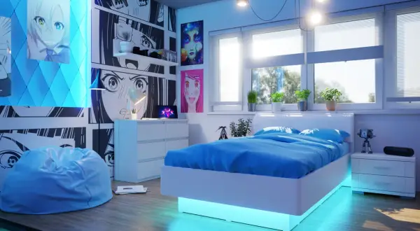 Nowoczesny pokój dla dziewczyny 16 lat z motywami anime, niebieskim łóżkiem i podświetlaną ramą.