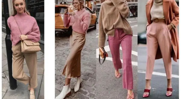 Stylizacje z różowymi swetrami i spodniami w odcieniach beżu i brązu. Eleganckie, kobiece zestawy.